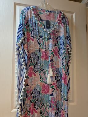 Crown & Ivy NWT Women's Small Blue Multi Floral Pom Pom Kimono Caftan Dress